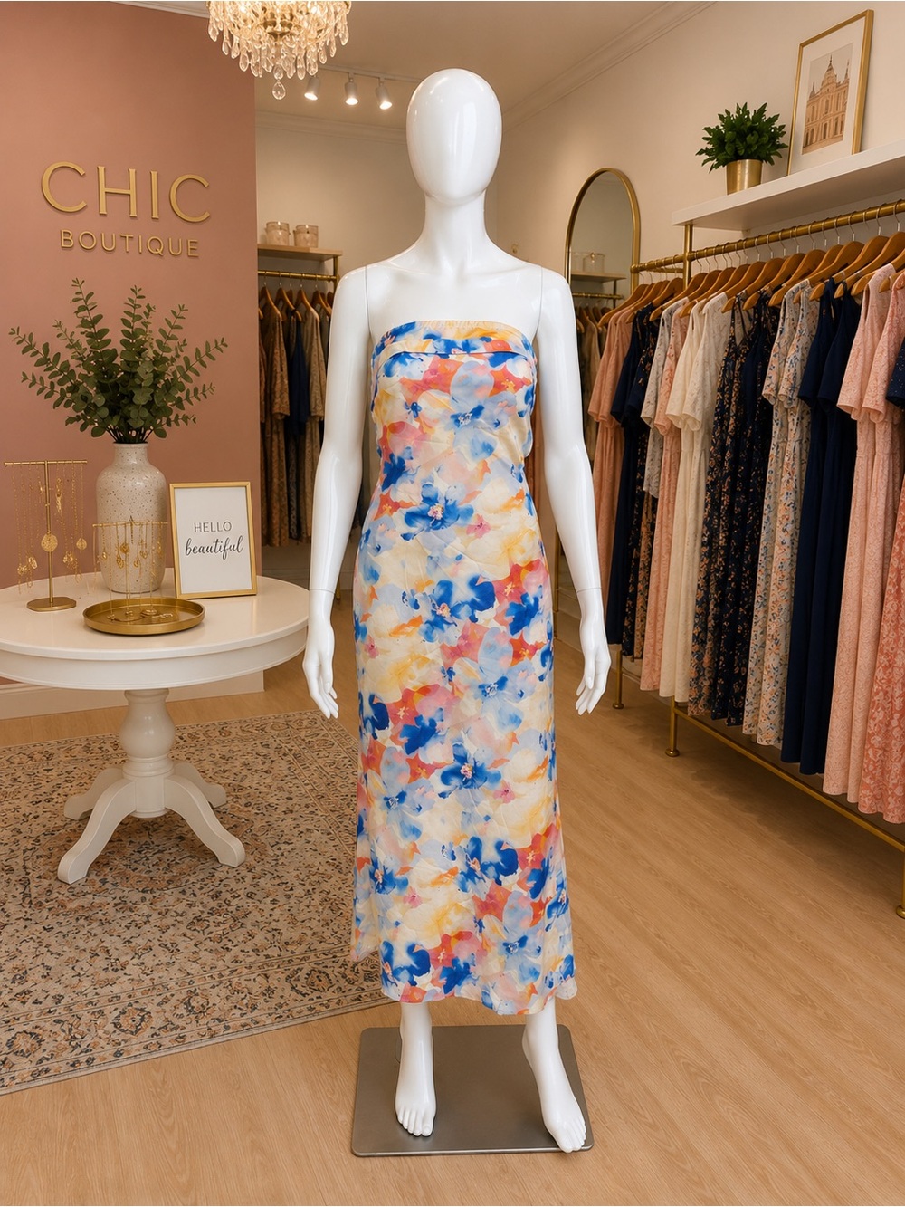 SHEIN Strapless Floral Maxi Dress - Blue, Peach, Yellow